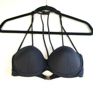 Plumeria Swimwear Strappy Bikini Top Size 32C Black Gold Hardware Padded